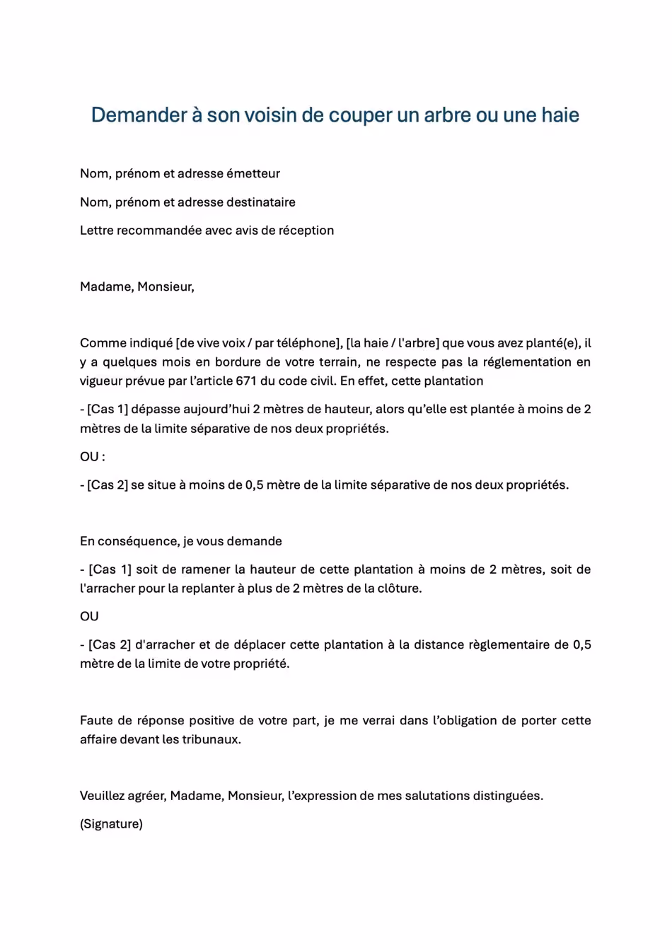 Modèle lettre demande à son voisin de couper un arbre ou une haie